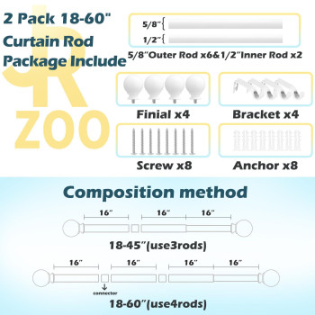 2 Pack White Curtain Rods 18 To 60 Inches062 Feet 58 Inch Splicing Drapery Rods Small Curtain Rods Set Size 1860 Whit