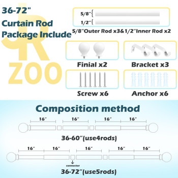 White Curtain Rods 36 To 72 Inches1224 Feett 58 Inch Splicing Drapery Rods Small Curtain Rods Set Size 3672 White
