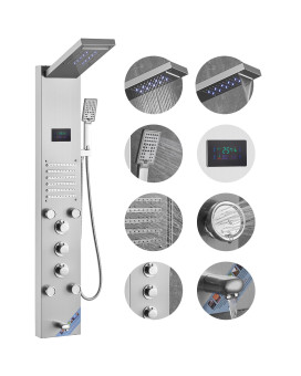 Vevor Shower Panel Tower System 6 Shower Modes Led Screen Hydroelectricity Shower Panel Rainfall Waterfall 5 Massage Jets