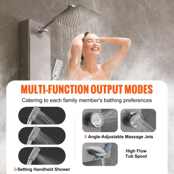 Vevor Shower Tower Panel 5 Shower Modes Digital Display Shower Panel Tower Rainfall 8 Massage Jets Tub Spout 3Setting Han