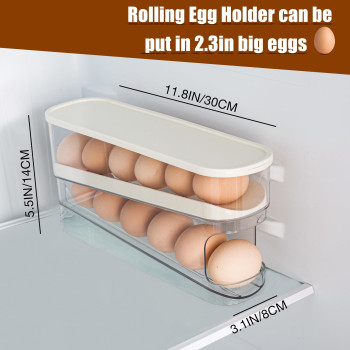 Dingerjar Egg Holder For Fridge Auto Rolling Fridge Egg Organizer Space Saving Eggs Dispenser For Refrigerator Storager