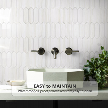 Vamos Tile Glossy Dolomite White Backsplash Tile Peel And Stick 128 X 128 Inch 10 Sheets Long Hexagon Pvc Self Adhesive Mosai