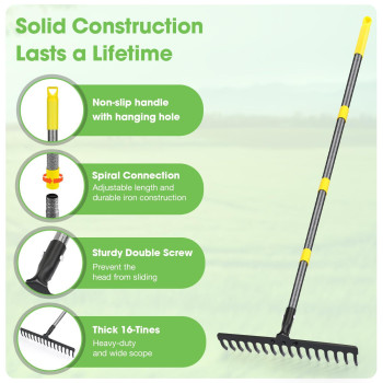 Coopvivi Garden Leaf Rakes 525 Ft Rake For Lawns Heavy Duty Metal Rakes 16 Tines Steel Metal Head With Adjustable Handle Bow