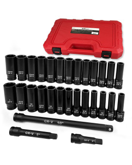 Yiyitools 29Pcs 12 Drive Socket Set Deep Impact Socket Set Standard Sae 38 1 Metric 10Mm24Mm Crv Steel With 3