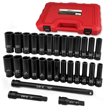 Yiyitools 29Pcs 12 Drive Socket Set Deep Impact Socket Set Standard Sae 38 1 Metric 10Mm24Mm Crv Steel With 3