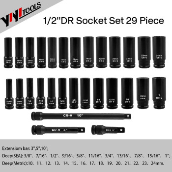 Yiyitools 29Pcs 12 Drive Socket Set Deep Impact Socket Set Standard Sae 38 1 Metric 10Mm24Mm Crv Steel With 3