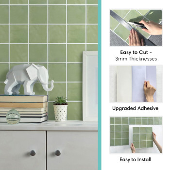 Commomy 10 Pcs Matte Sage Green Peel And Stick Backsplash For Kitchen 118X118 Ultralight Pvc Wall Tiles 3D Square Peel And