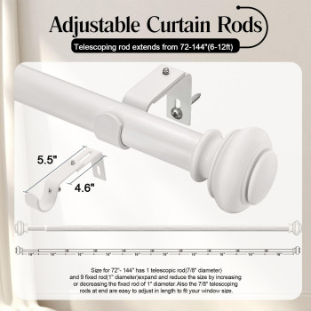 Simewin Heavy Duty Curtain Rods For Windows 72 To 144 Inches 1 Inch White Curtain Rods For Bedroom Living Room Patio Kitchen