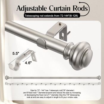 Simewin Heavy Duty Curtain Rods For Windows 72 To 144 Inches 1 Inch Silver Curtain Rods For Bedroom Living Room Patio Kitche