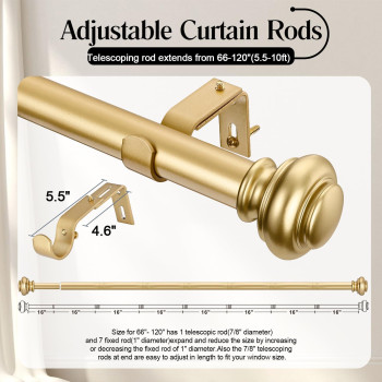 Simewin Heavy Duty Curtain Rods For Windows 66 To 120 Inches 1 Inch Gold Curtain Rods For Bedroom Living Room Patio Kitchen