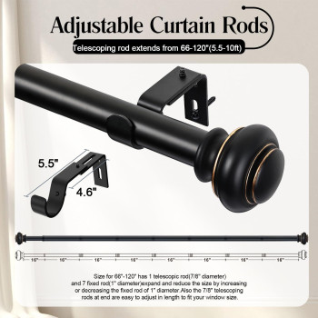 Simewin Heavy Duty Curtain Rods For Windows 66 To 120 Inches 1 Inch Black Curtain Rods For Bedroom Living Room Patio Adjusta