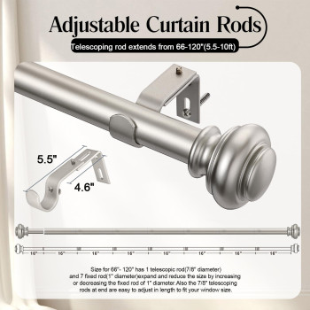 Simewin Heavy Duty Curtain Rods For Windows 66 To 120 Inches 1 Inch Silver Curtain Rods For Bedroom Living Room Patio Kitche