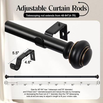 Simewin Heavy Duty Curtain Rods For Windows 48 To 84 Inches 1 Inch Black Curtain Rods For Bedroom Living Room Patio Kitchen