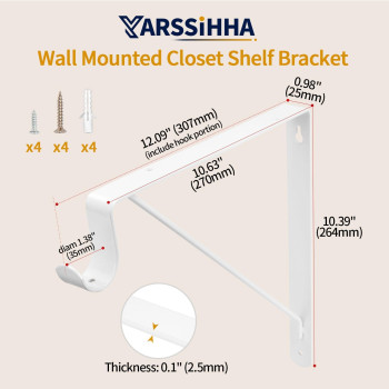 Yarssihha 2 Pack Closet Rod Bracket Wall Mounted Closet Shelf Bracket White Closet Rod Support Bracket With Screws