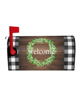 Welcome Wreath Mailbox Covers Buffalo Plaid Standard Size Farmhouse Wood Magnetic Mailbox Covers 21X18 Inch Mailbox Wrap Post