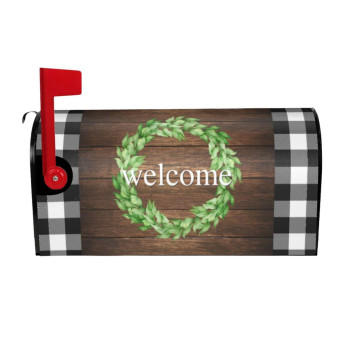 Welcome Wreath Mailbox Covers Buffalo Plaid Standard Size Farmhouse Wood Magnetic Mailbox Covers 21X18 Inch Mailbox Wrap Post