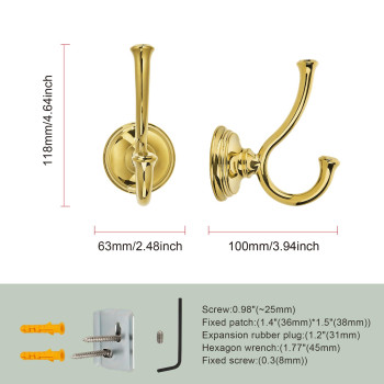 Tunny Towel Hook Bathroom2 Pack Shiny Goldpvdgold Double Robetowel Hook Wall Mounted Hook For Bathroom Bedroom Kitchen