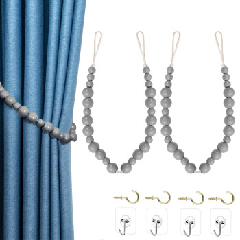 Hion 2 Pcs Boho Curtain Tiebacks Wood Beads Curtain Holdbacks Outdoor Farmhouse Tie Backs For Curtains Curtain Holders For Drape