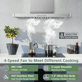 Oneeon 30 Range Hood 900 Cfm Stainless Steel Wall Mount Kitchen Exhaust With 4 Speed Fan Led Lights Push Button Ultrathi