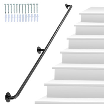 Lmyygoo 6Ft Stair Railing Black Handrail Round Corner Wall Handrailings For Indoor 440Lbs Load Capacity Alloy Steel Pipe Hand