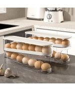 Zejlo 2Pcs Egg Holder For Refrigerator Auto Rolling Fridge Egg Organizer Space Saving Eggs Dispenser For Refrigerator Storager