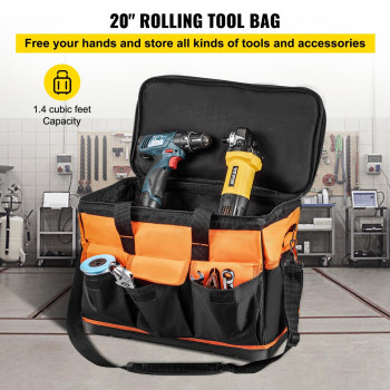 Vevor Tool Bag 20Inch 17 Pockets Rolling Tool Bag With Two 256In Wheels Oxford Fabric Material With Telescoping Handle 198Lb