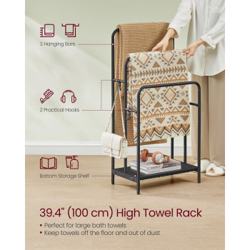 Vasagle Freestanding Towel Rack 3Tier Blanket Holder With Storage Shelf 197 X 118 X 394 Inches Blanket Rack 2 Hooks For