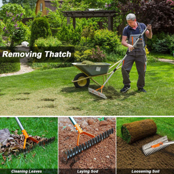 Millionhome Thatch Rake 15Inch Wide Dethatcher Rake With Doublesided Thickening Tines Dethatching Rake With Stainless Steel H