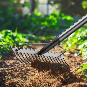 64Ft Bow Rake Heavy Duty Garden Rake With Stainless Steel Handle 17 Steel Tines Metal Head Rake Tool For Loosening Soil Gather