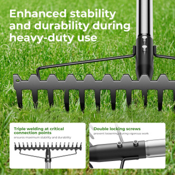 64Ft Bow Rake Heavy Duty Garden Rake With Stainless Steel Handle 17 Steel Tines Metal Head Rake Tool For Loosening Soil Gather