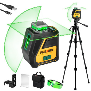 Prexiso 360 Laser Level With Tripod Ip54 Rechargeable Wide Angle Vertical Line Laser 100Ft Green 3 Brightness Adjustment Self