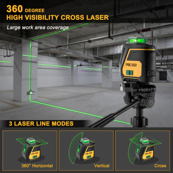 Prexiso 360 Laser Level With Tripod Ip54 Rechargeable Wide Angle Vertical Line Laser 100Ft Green 3 Brightness Adjustment Self