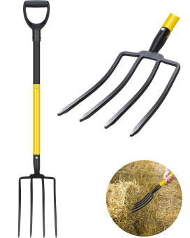 Pitchfork Steel Tines Manual Hay Fork Pitchforks For Gardening Digging Composting Spading 4Tines Garden Fork Witn Fiberglass