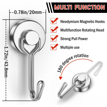 Findmag Swivel Magnetic Hooks 40Lbs Stainless Steel N52 Hooks With Magnets Heavy Duty Strong Silver Magnet Hooks For Refrigera