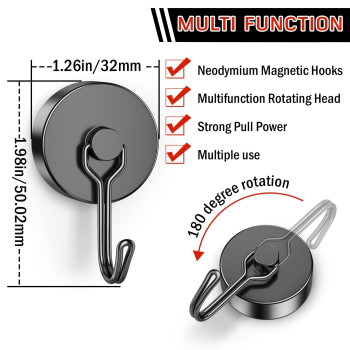 Findmag 100Lbs N52 Swivel Swing Magnet Hooks Magnetic Hooks Heavy Duty For Hanging 6 Pack Strong Neodymium Black Magnets With