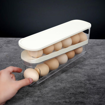 Toneoldshu Egg Holder For Fridge With Lid Auto Roll Down Egg Dispenser For Refrigerator Storage Organizer Space Saving Egg E