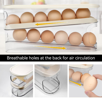 Toneoldshu Egg Holder For Fridge With Lid Auto Roll Down Egg Dispenser For Refrigerator Storage Organizer Space Saving Egg E