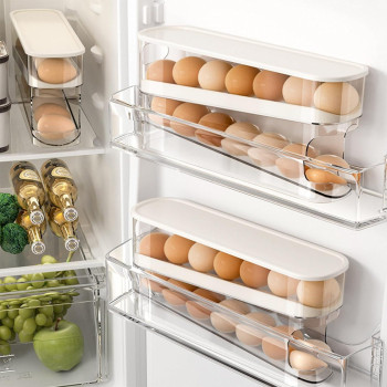 Toneoldshu Egg Holder For Fridge With Lid Auto Roll Down Egg Container Dispenser For Refrigerator Storage Organizer Space Savi