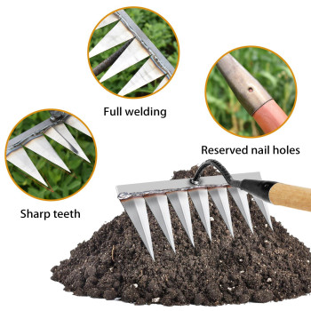 Ioxzaqo Iron Rake For Gardening And Weeding Heavy Duty Garden Tool Carbon Steel Hand Rake For Sturdy Dethatching Heavy Duty