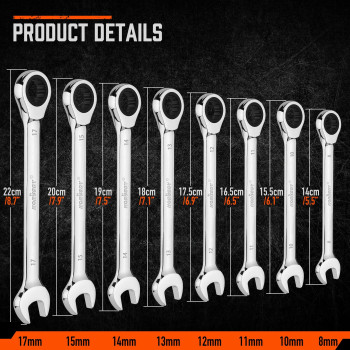 Horusdy 8Piece Metric Ratcheting Wrench Set Ratchet Combination Wrench Set With Organizer 72Teeth 8Mm 17Mm Chrome Va