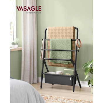 Vasagle Freestanding Towel Rack Foldable Blanket Holder Towel Holder With 4 Hooks Fabric Basket 39 Inches High For Bedroom