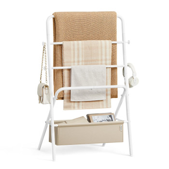 Vasagle Freestanding Towel Rack Foldable Blanket Holder Towel Holder With 4 Hooks Fabric Basket 39 Inches High For Bedroom