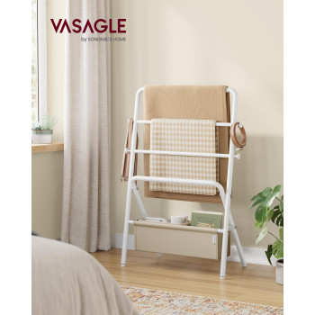 Vasagle Freestanding Towel Rack Foldable Blanket Holder Towel Holder With 4 Hooks Fabric Basket 39 Inches High For Bedroom