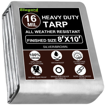 Bluyard Tarp Waterproof 8X10 Ft Heavy Duty Tarp Thicker 16 Mil Large Tarps With Brass Grommets And Reinforced Edges Uvfade Res