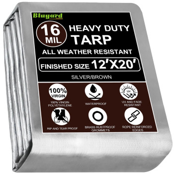 Bluyard Tarp Waterproof 12X20 Ft Heavy Duty Tarp Thicker 16 Mil Large Tarps With Brass Grommets And Reinforced Edges Uvfade Re