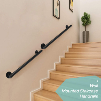 Purife 29 Ft Black Metal Grab Bars For Indoor Stairs 35 Inch Wall Mounted Safety Staircase Handrail Outdoor Stair Railing F