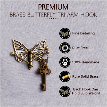 Indian Shelf Brass Butterfly Swivel Tri Arm Hook Foldable Decorative Wall Hooks 3 Prong Wall Hooks Vintage Towel Hooks Gold Coat