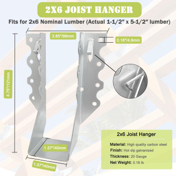 20 Pack 2 X 6 Joist Hanger 18 Gauge Double Shear Face Mount Joist Hangers For Wood Floor Deck And Ceililng Joists