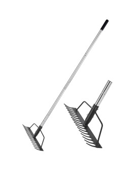 Baraystus 15 Inch Wide Heavy Duty Bow Rake 16 Steel Tines Metal Head Rake Tool With Stainless Steel Handle Adjustable Long Han