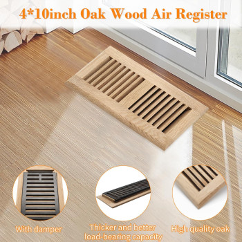 Howeall 2Pc 4X10 Inch White Oak Wood Floor Register Vents Cover Drop In Register With Damper Wooden Vents Covers For Home Floo